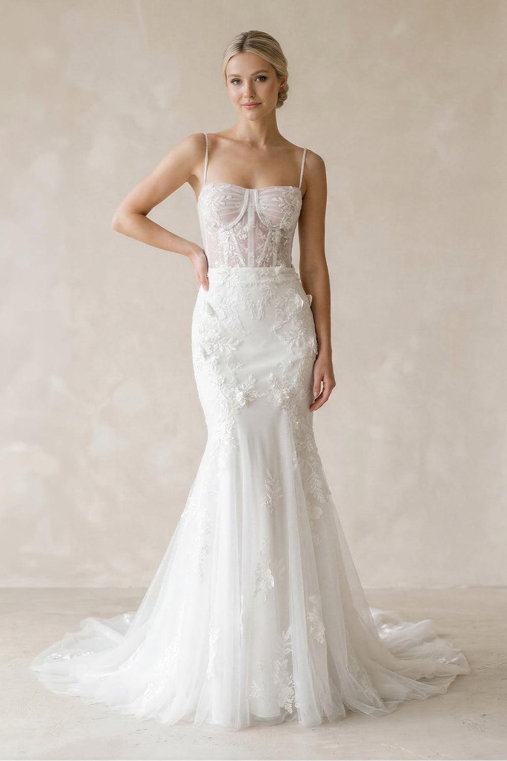 Cami Straps Mermaid Tulle Appliqued Wedding Dress in White