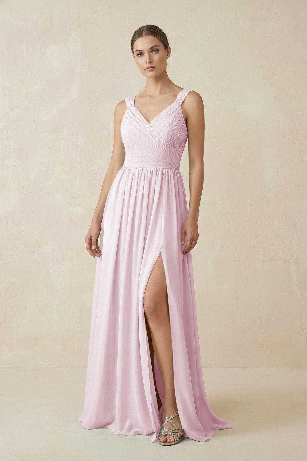 A-Line Pleated Chiffon Long Bridesmaid Dress in Candy Pink