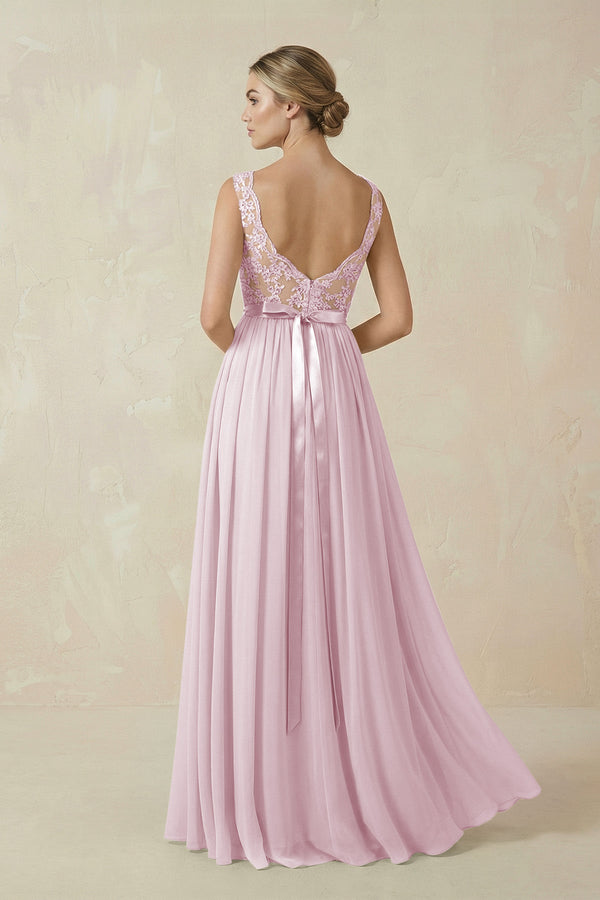 Candy Pink Lace A-Line Bateau Neck Chiffon Long Bridesmaid Dress (2) | KISSBRIDAL