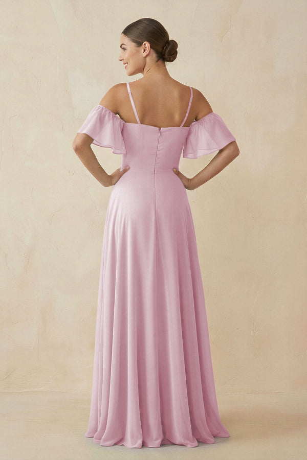 Candy Pink Off-the-Shoulder A-Line Chiffon Bridesmaid Dress (2) | KISSBRIDAL