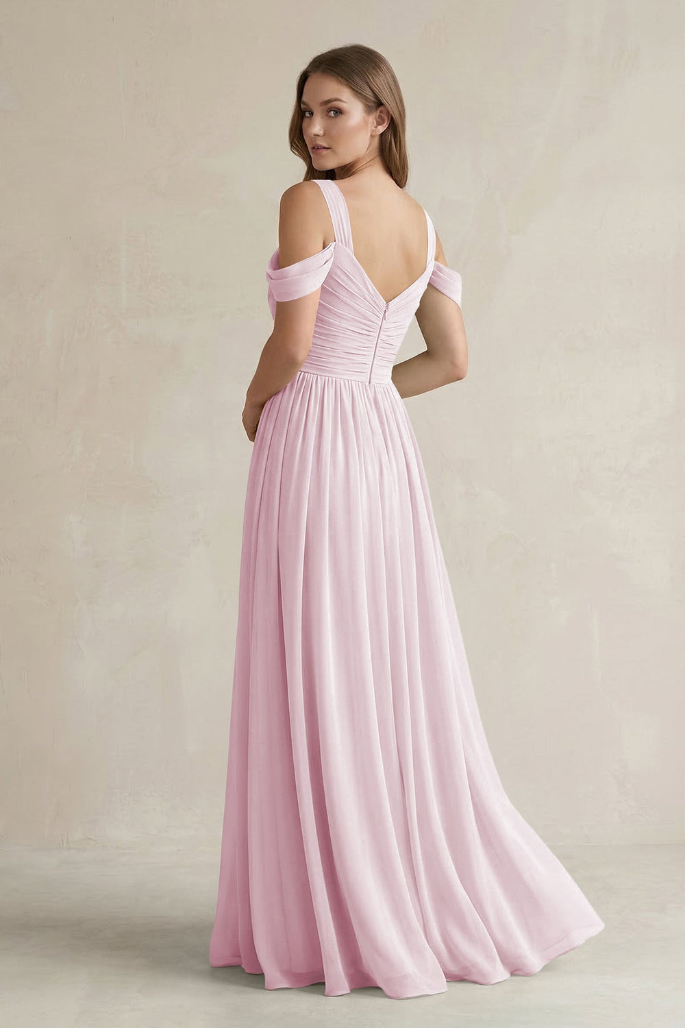 Off-the-Shoulder A-Line Chiffon Bridesmaid Dress With Slit in Candy Pink