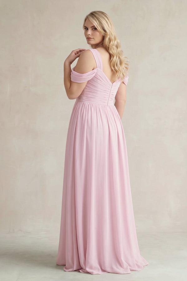 Candy Pink Off-the-Shoulder A-Line Chiffon Bridesmaid Dress With Slit (2) [sizeplus] | KISSBRIDAL