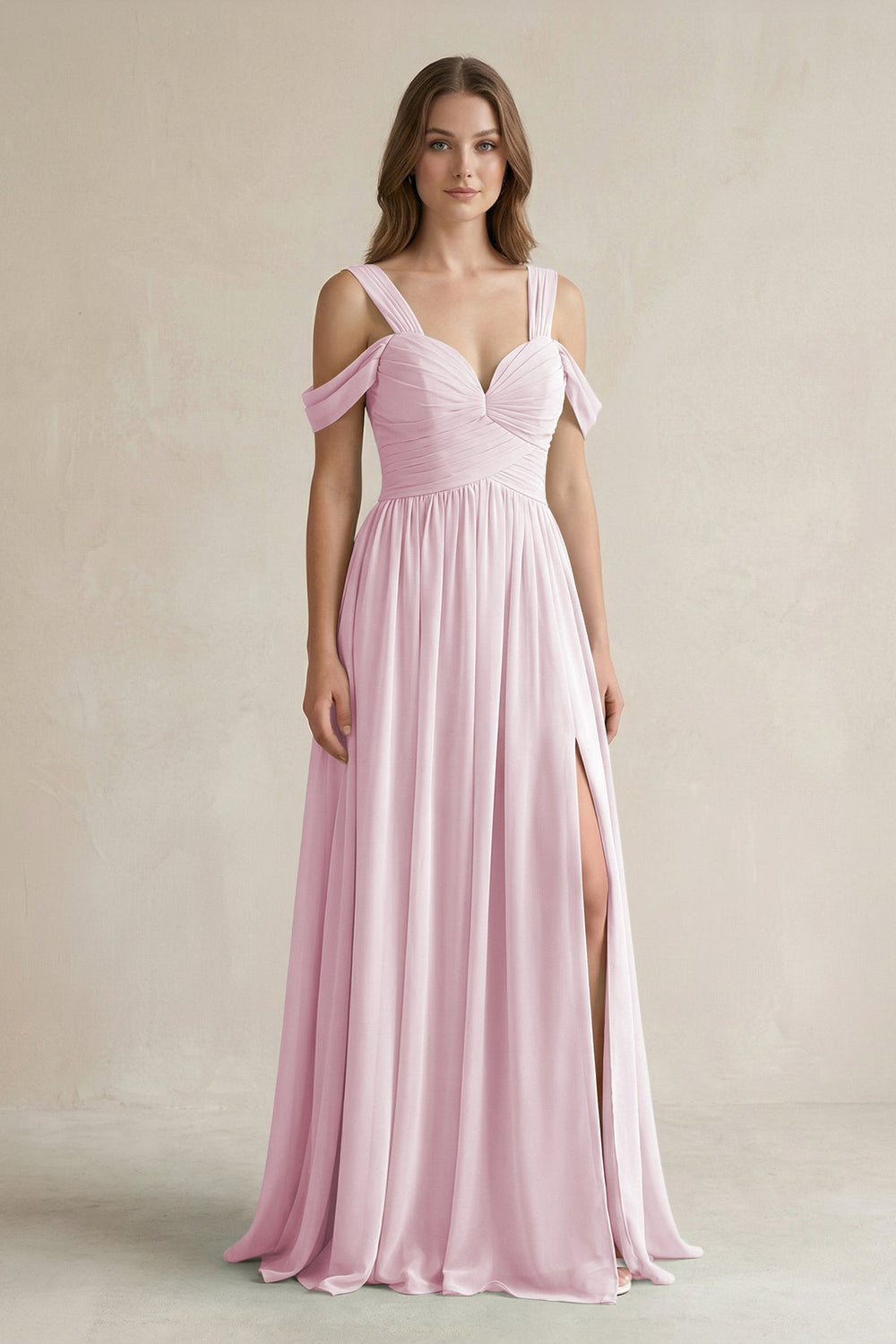 Off-the-Shoulder A-Line Chiffon Bridesmaid Dress With Slit in Candy Pink