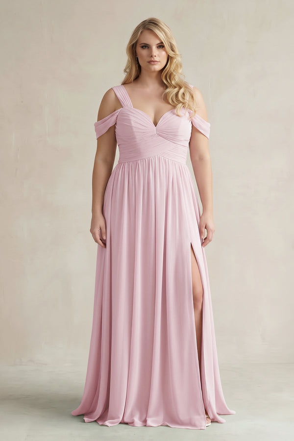 Candy Pink Off-the-Shoulder A-Line Chiffon Bridesmaid Dress With Slit [sizeplus] | KISSBRIDAL