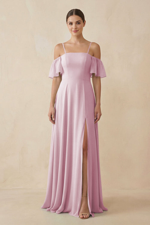 Candy Pink Off-the-Shoulder A-Line Chiffon Bridesmaid Dress | KISSBRIDAL