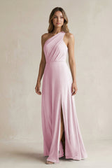 Candy Pink One-Shoulder Chiffon A-Line Bridesmaid Dress With Slit | KISSBRIDAL
