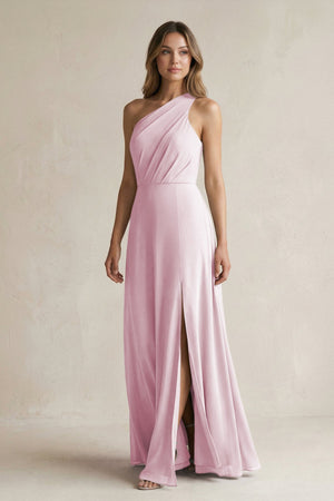 Candy Pink One-Shoulder Chiffon A-Line Bridesmaid Dress With Slit | KISSBRIDAL