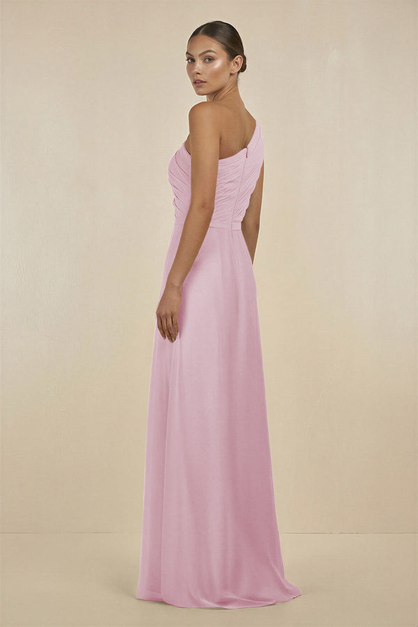 Candy Pink Ruffled One-Shoulder Pleated Sheath Bridesmaid Dress (2) | KISSBRIDAL