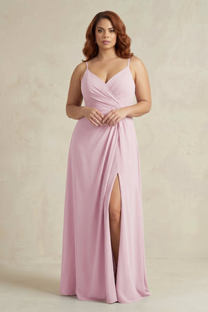 Candy Pink Sheath Cami Strap Ruched Chiffon Bridesmaid Dress [sizeplus] | KISSBRIDAL