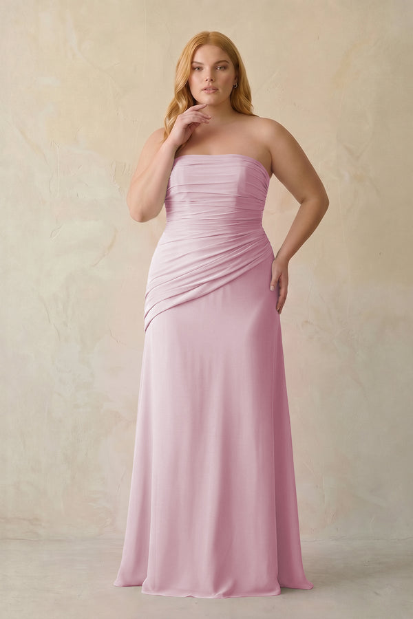 Candy Pink Sheath Chiffon Strapless Pleated Bridesmaid Dress [sizeplus] | KISSBRIDAL
