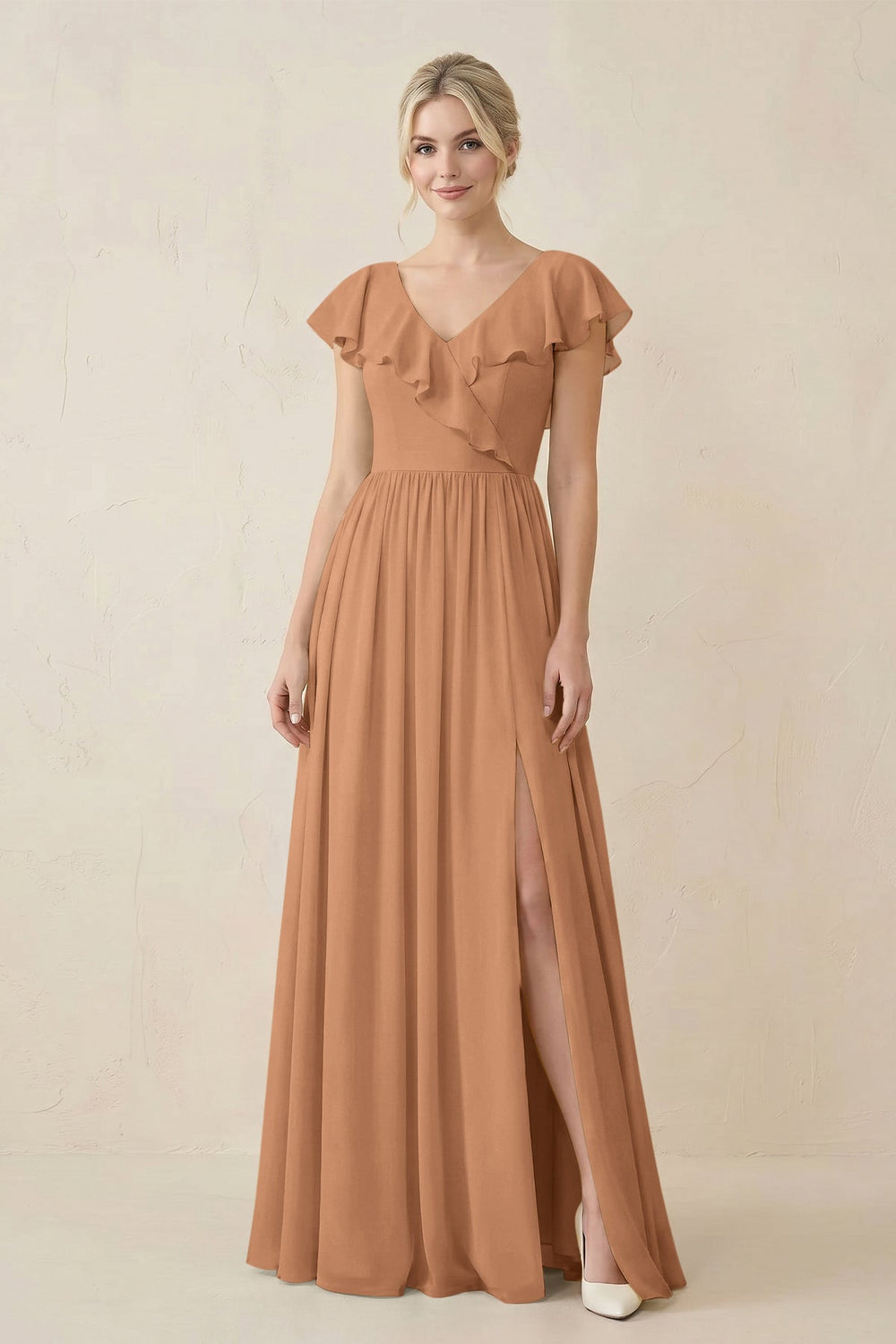 Cap Sleeve A-Line Ruffled Chiffon Bridesmaid Dress in Bronzer
