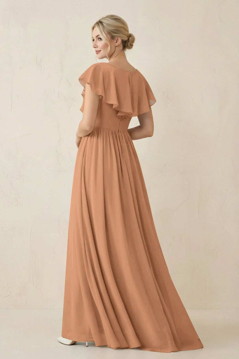 Cap Sleeve A-Line Ruffled Chiffon Bridesmaid Dress in Bronzer