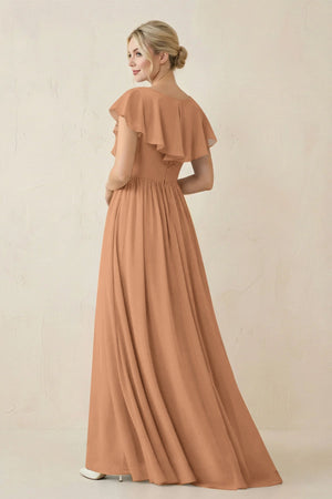 Cap Sleeve A-Line Ruffled Chiffon Bridesmaid Dress in Bronzer - KISS BRIDAL BRIDESMAID DRESSES