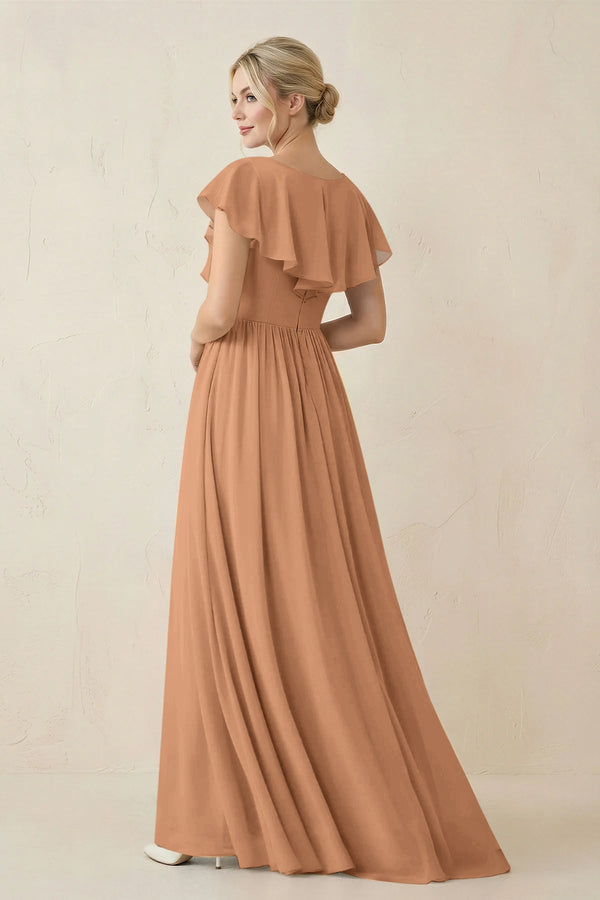 Cap Sleeve A-Line Ruffled Chiffon Bridesmaid Dress in Bronzer - KISS BRIDAL BRIDESMAID DRESSES