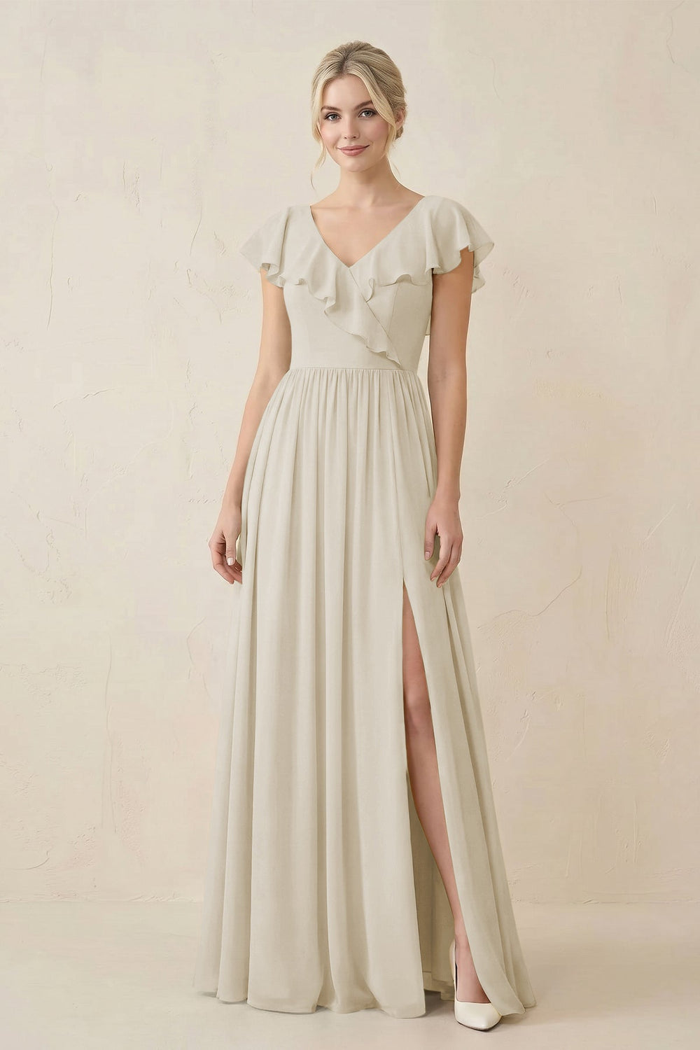 Cap Sleeve A-Line Ruffled Chiffon Bridesmaid Dress in Dove Gray