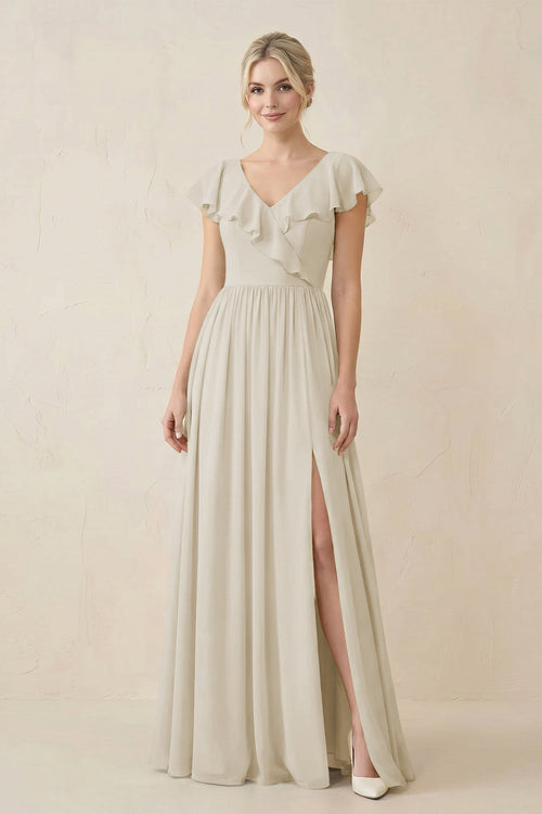 Cap Sleeve A-Line Ruffled Chiffon Bridesmaid Dress in Dove Gray - KISS BRIDAL BRIDESMAID DRESSES