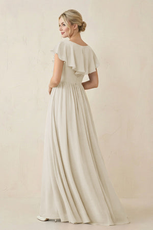 Cap Sleeve A-Line Ruffled Chiffon Bridesmaid Dress in Dove Gray - KISS BRIDAL BRIDESMAID DRESSES