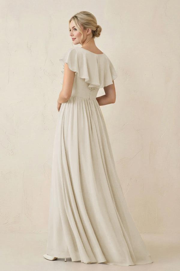 Cap Sleeve A-Line Ruffled Chiffon Bridesmaid Dress in Dove Gray - KISS BRIDAL BRIDESMAID DRESSES