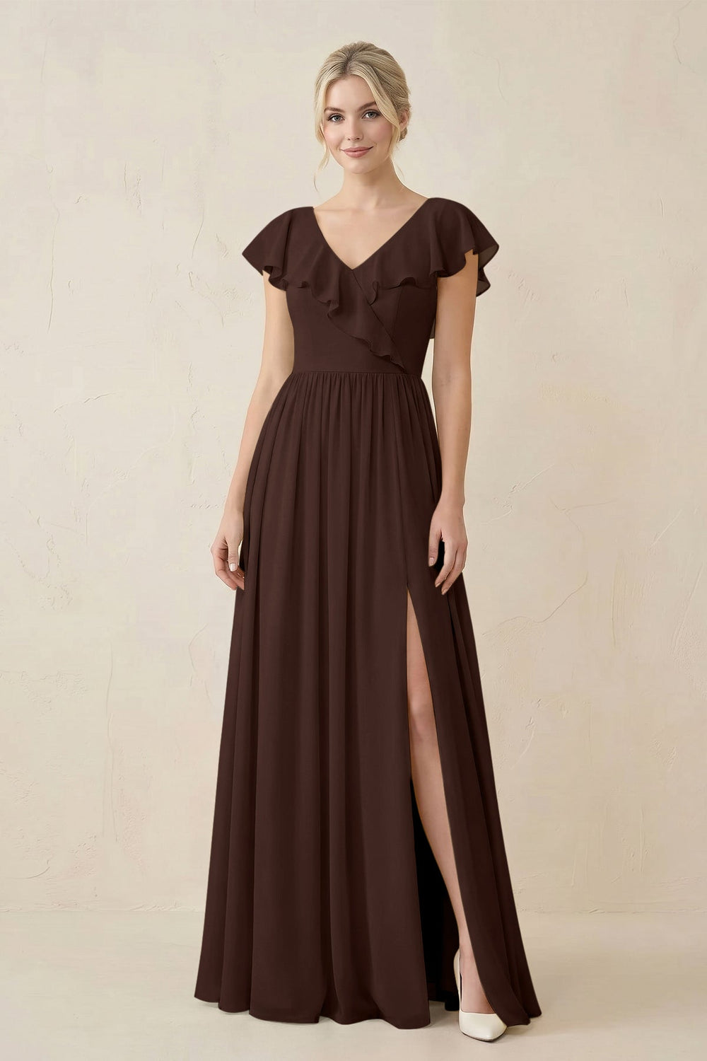 Cap Sleeve A-Line Ruffled Chiffon Bridesmaid Dress in Espresso