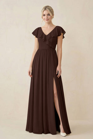 Cap Sleeve A-Line Ruffled Chiffon Bridesmaid Dress in Espresso - KISS BRIDAL BRIDESMAID DRESSES