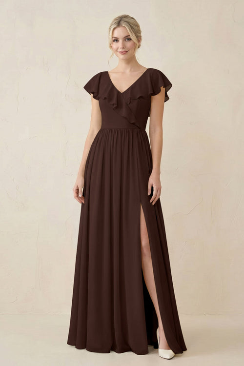 Cap Sleeve A-Line Ruffled Chiffon Bridesmaid Dress in Espresso - KISS BRIDAL BRIDESMAID DRESSES