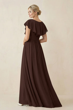 Cap Sleeve A-Line Ruffled Chiffon Bridesmaid Dress in Espresso - KISS BRIDAL BRIDESMAID DRESSES