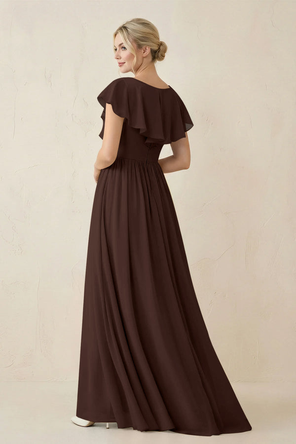 Cap Sleeve A-Line Ruffled Chiffon Bridesmaid Dress in Espresso - KISS BRIDAL BRIDESMAID DRESSES
