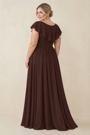 Cap Sleeve A-Line Ruffled Chiffon Bridesmaid Dress in Espresso [sizeplus] | KISSBRIDAL