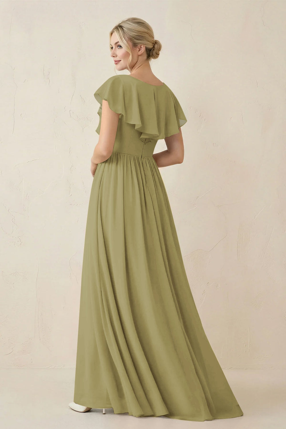 Cap Sleeve A-Line Ruffled Chiffon Bridesmaid Dress in Moss Green