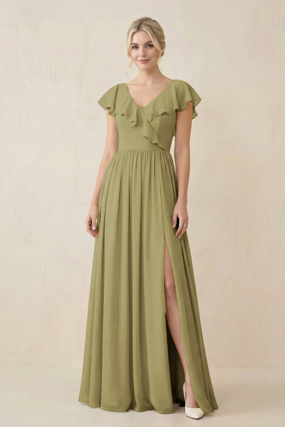 Cap Sleeve A-Line Ruffled Chiffon Bridesmaid Dress in Moss Green