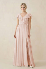 Cap Sleeve A-Line Ruffled Chiffon Bridesmaid Dress in Pale Blush - KISS BRIDAL BRIDESMAID DRESSES