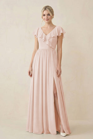 Cap Sleeve A-Line Ruffled Chiffon Bridesmaid Dress in Pale Blush - KISS BRIDAL BRIDESMAID DRESSES