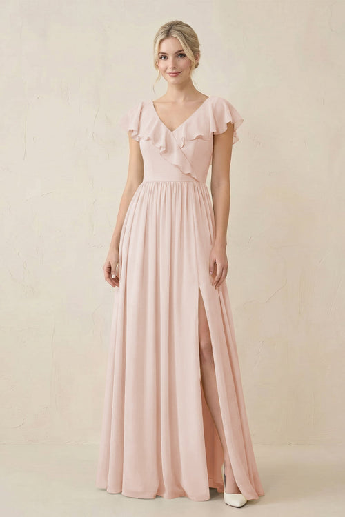 Cap Sleeve A-Line Ruffled Chiffon Bridesmaid Dress in Pale Blush - KISS BRIDAL BRIDESMAID DRESSES