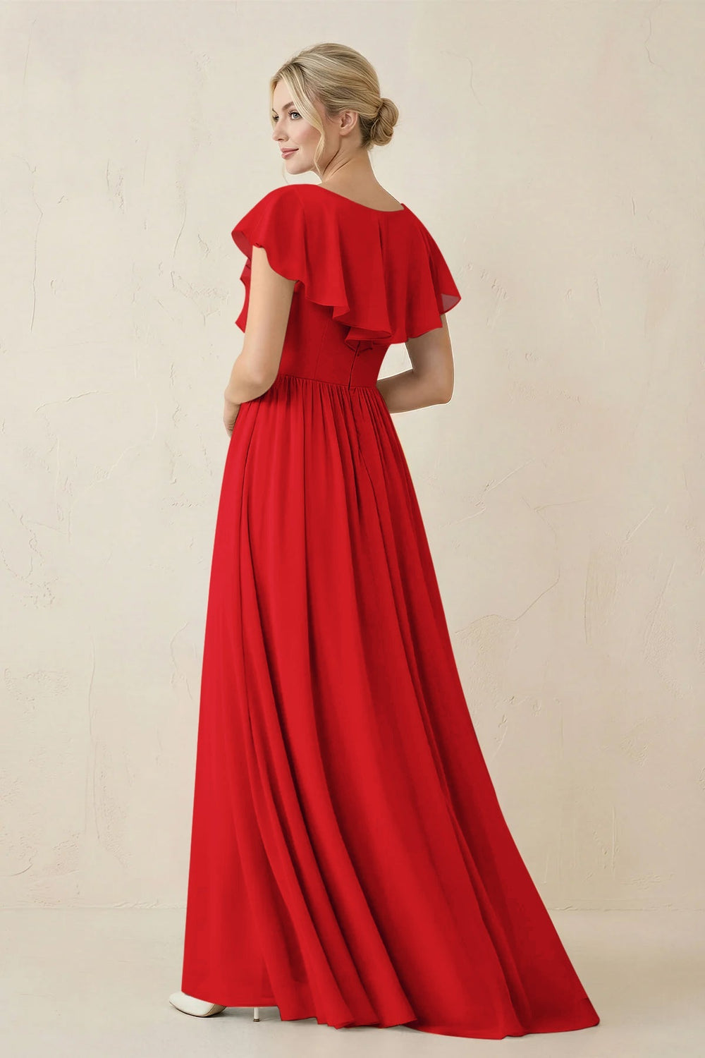 Cap Sleeve A-Line Ruffled Chiffon Bridesmaid Dress in Ruby Red