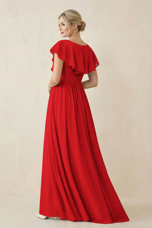 Cap Sleeve A-Line Ruffled Chiffon Bridesmaid Dress in Ruby Red - KISS BRIDAL BRIDESMAID DRESSES