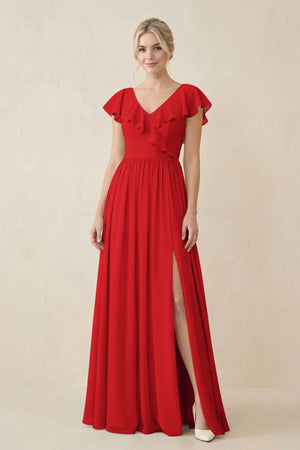 Cap Sleeve A-Line Ruffled Chiffon Bridesmaid Dress in Ruby Red - KISS BRIDAL BRIDESMAID DRESSES
