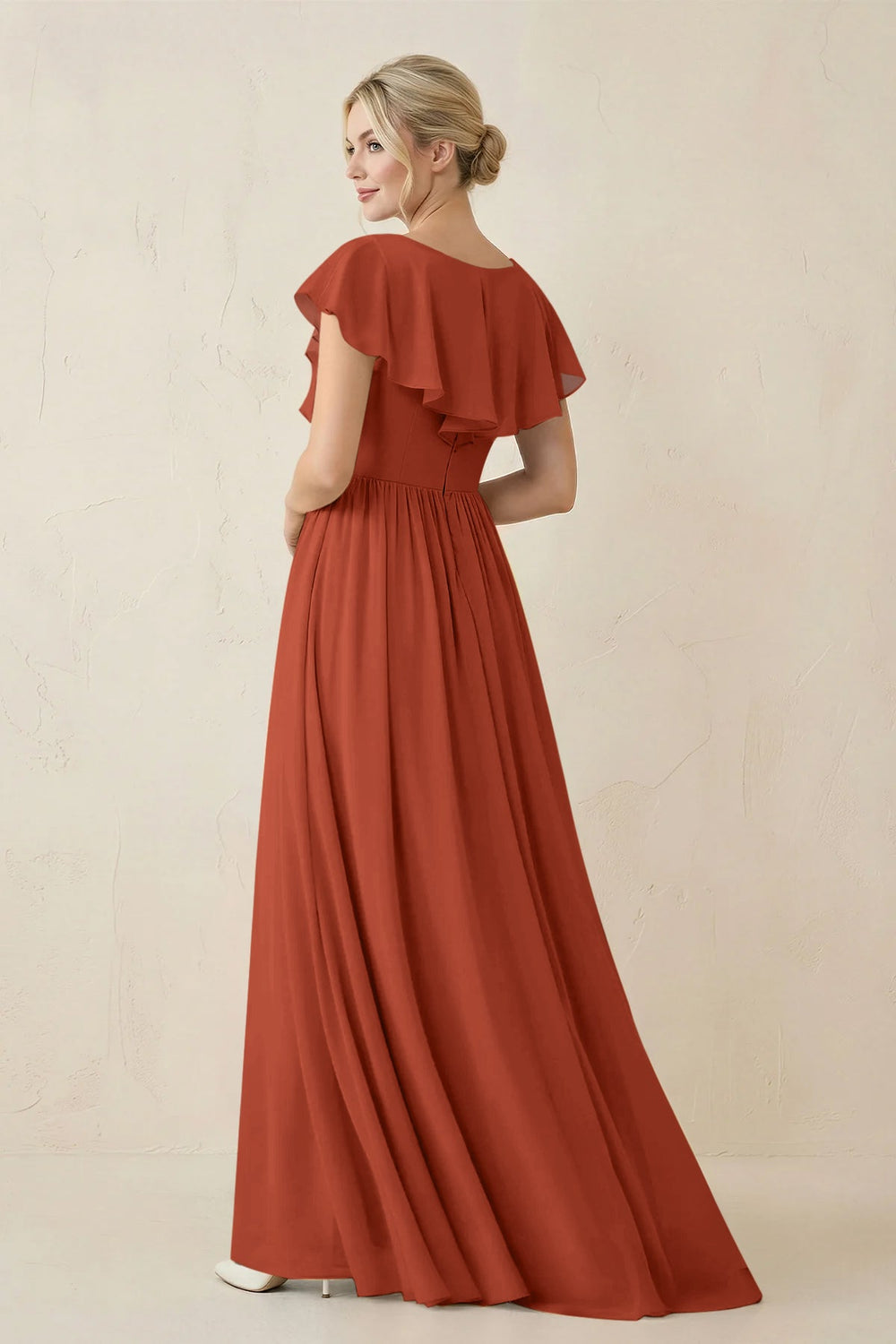 Cap Sleeve A-Line Ruffled Chiffon Bridesmaid Dress in Spice