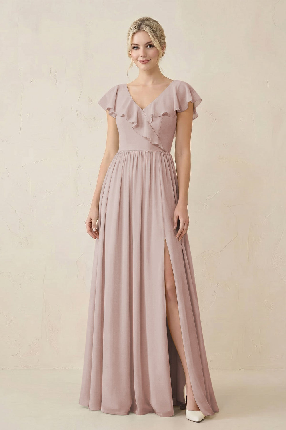 Cap Sleeve A-Line Ruffled Chiffon Bridesmaid Dress in Toffee