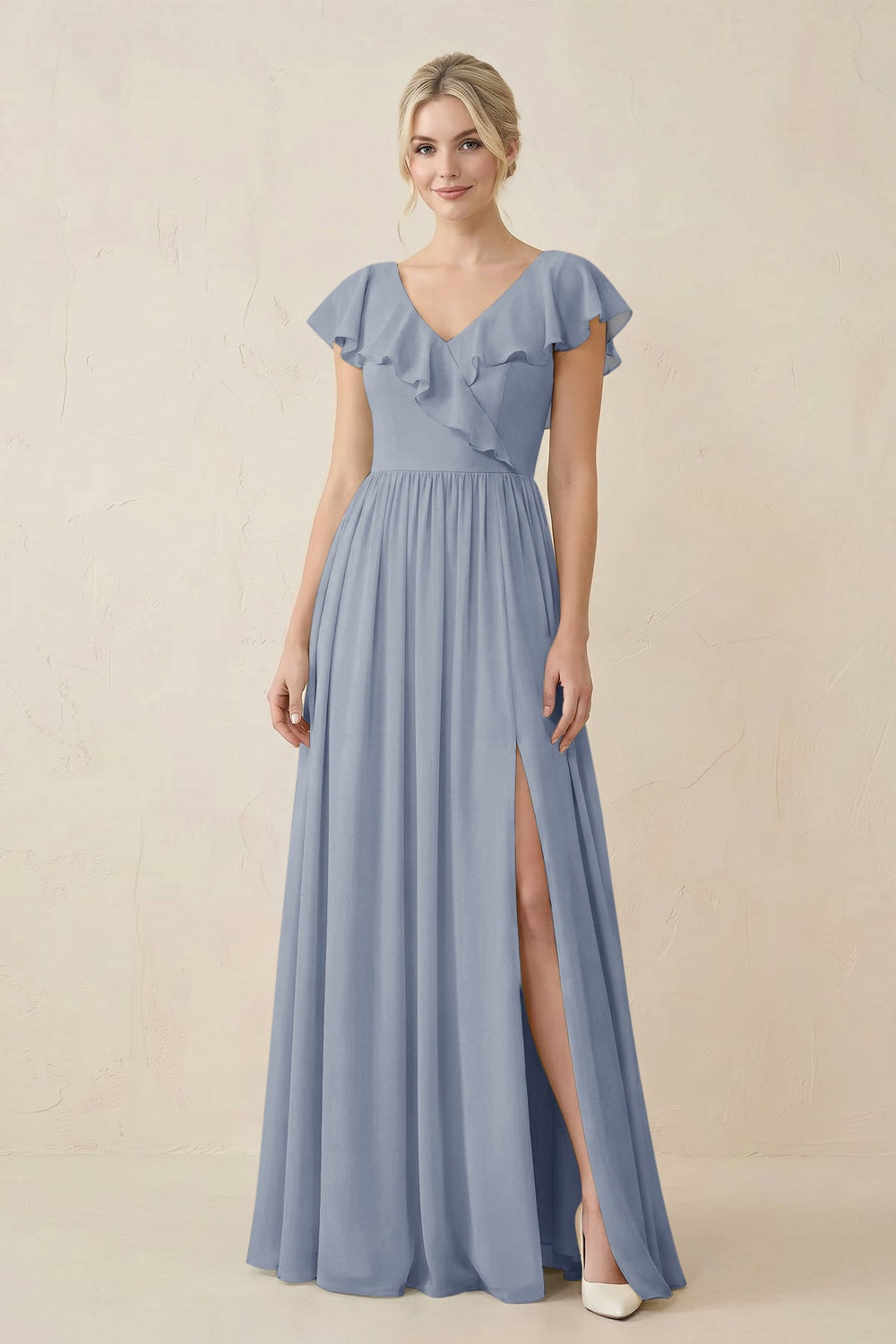 Cap Sleeve A-Line Ruffled Chiffon Bridesmaid Dress in Twilight
