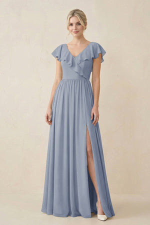 Cap Sleeve A-Line Ruffled Chiffon Bridesmaid Dress in Twilight - KISS BRIDAL BRIDESMAID DRESSES