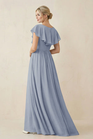 Cap Sleeve A-Line Ruffled Chiffon Bridesmaid Dress in Twilight - KISS BRIDAL BRIDESMAID DRESSES