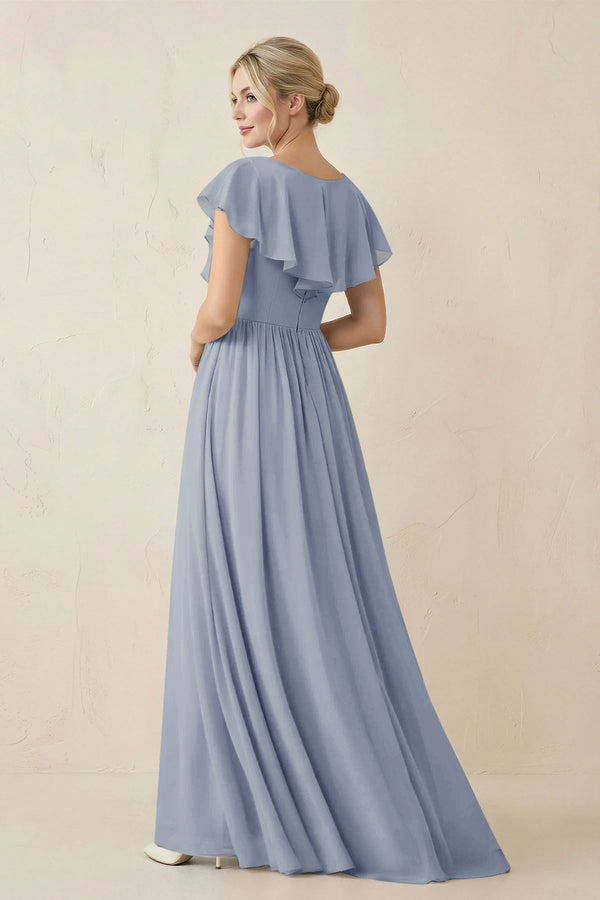 Cap Sleeve A-Line Ruffled Chiffon Bridesmaid Dress in Twilight - KISS BRIDAL BRIDESMAID DRESSES