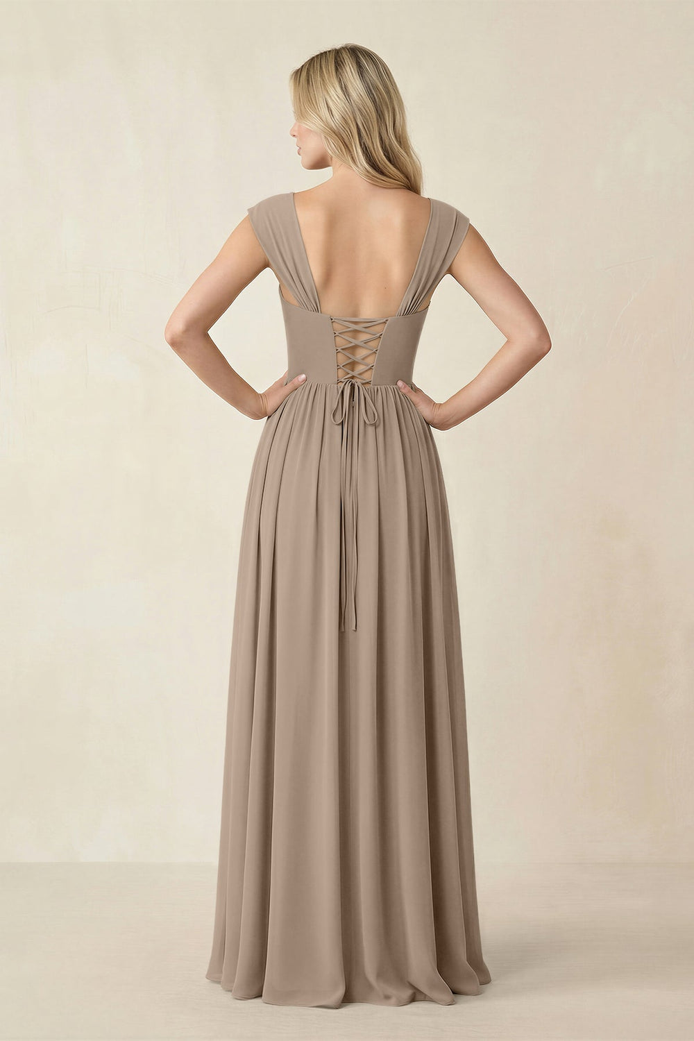 Cap Sleeve Corset A-Line Chiffon Bridesmaid Dress in Almond
