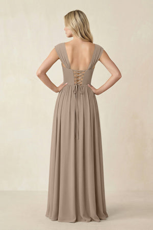 Cap Sleeve Corset A-Line Chiffon Bridesmaid Dress in Almond (2) | KISSBRIDAL