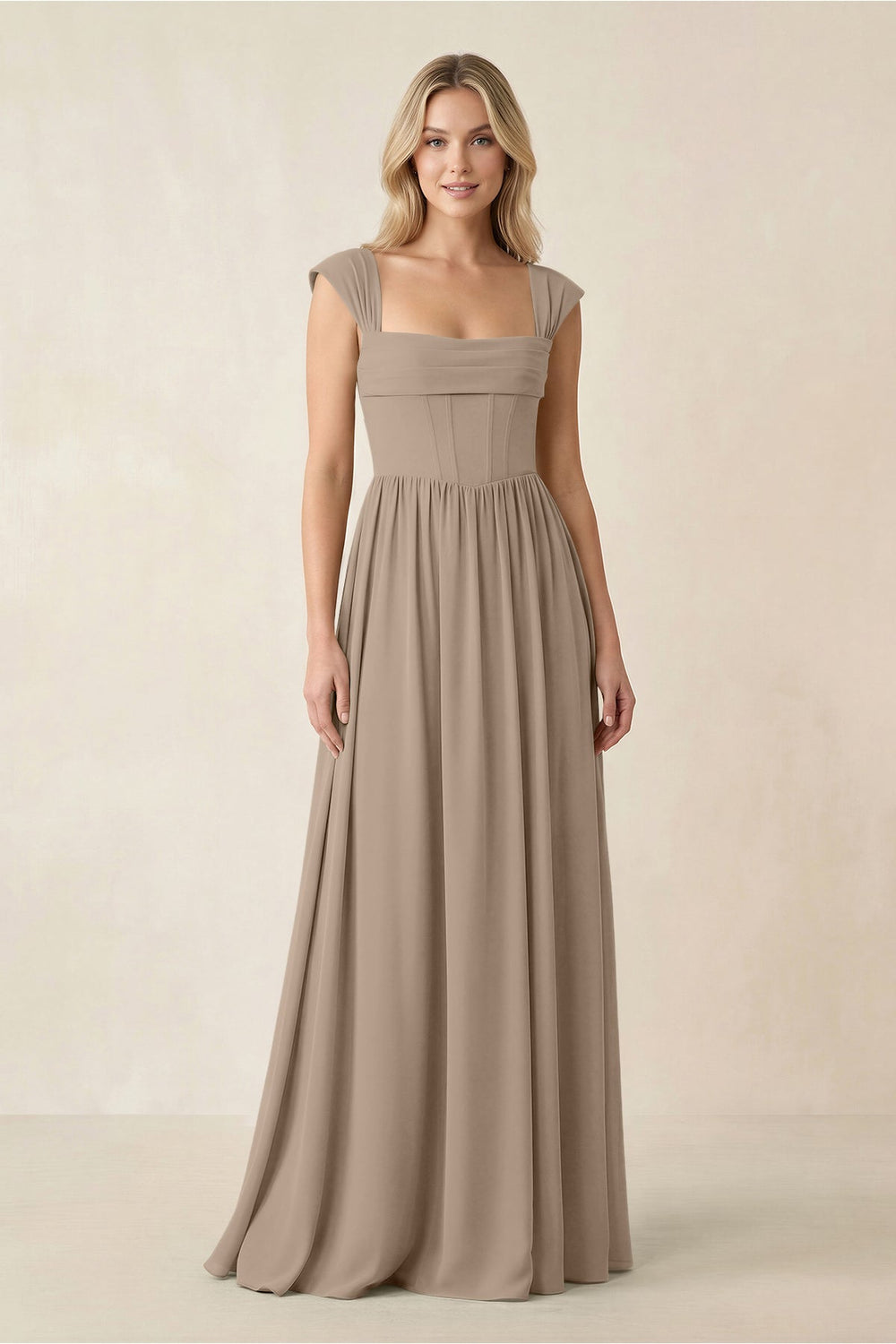 Cap Sleeve Corset A-Line Chiffon Bridesmaid Dress in Almond