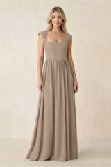 Cap Sleeve Corset A-Line Chiffon Bridesmaid Dress in Almond | KISSBRIDAL