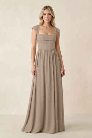 Cap Sleeve Corset A-Line Chiffon Bridesmaid Dress in Almond | KISSBRIDAL