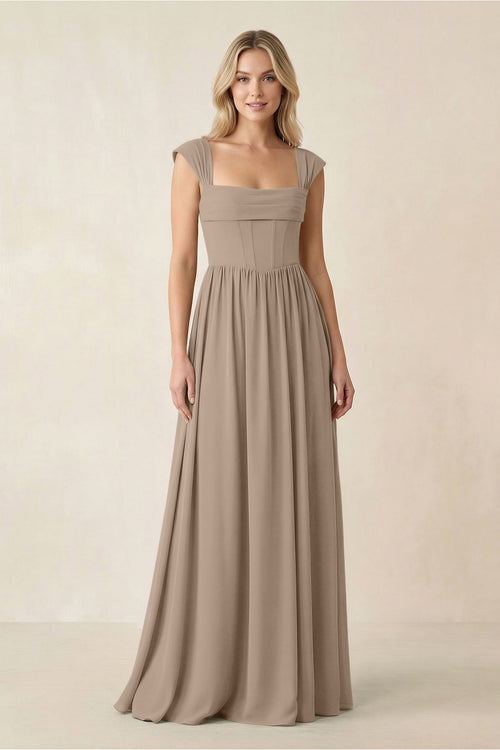 Cap Sleeve Corset A-Line Chiffon Bridesmaid Dress in Almond | KISSBRIDAL