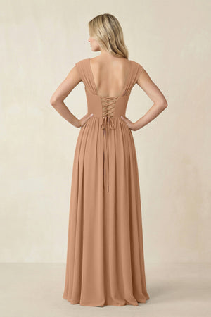 Cap Sleeve Corset A - Line Chiffon Bridesmaid Dress in Bronzer - KISS BRIDAL Bridesmaid Dresses
