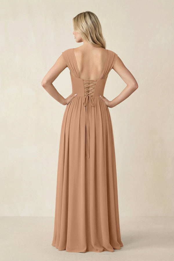 Cap Sleeve Corset A - Line Chiffon Bridesmaid Dress in Bronzer - KISS BRIDAL Bridesmaid Dresses